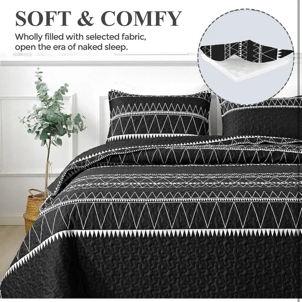 Boho Stitched Black King Quilt 3-Pc Set Bedding Comforter Duvet All Seasons